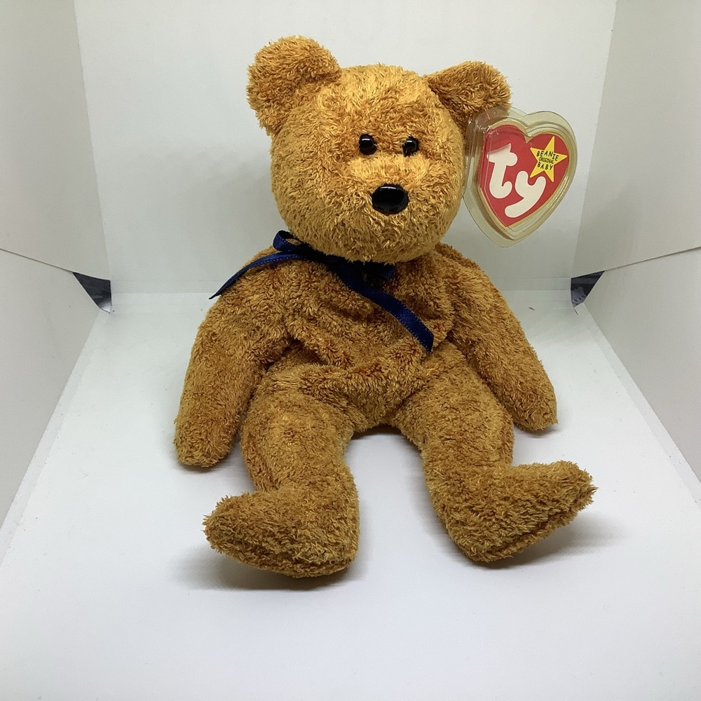 Ty Beanie Original Baby Fuzz the Bear with Blue Ribbon Rare Vintage 1998/99